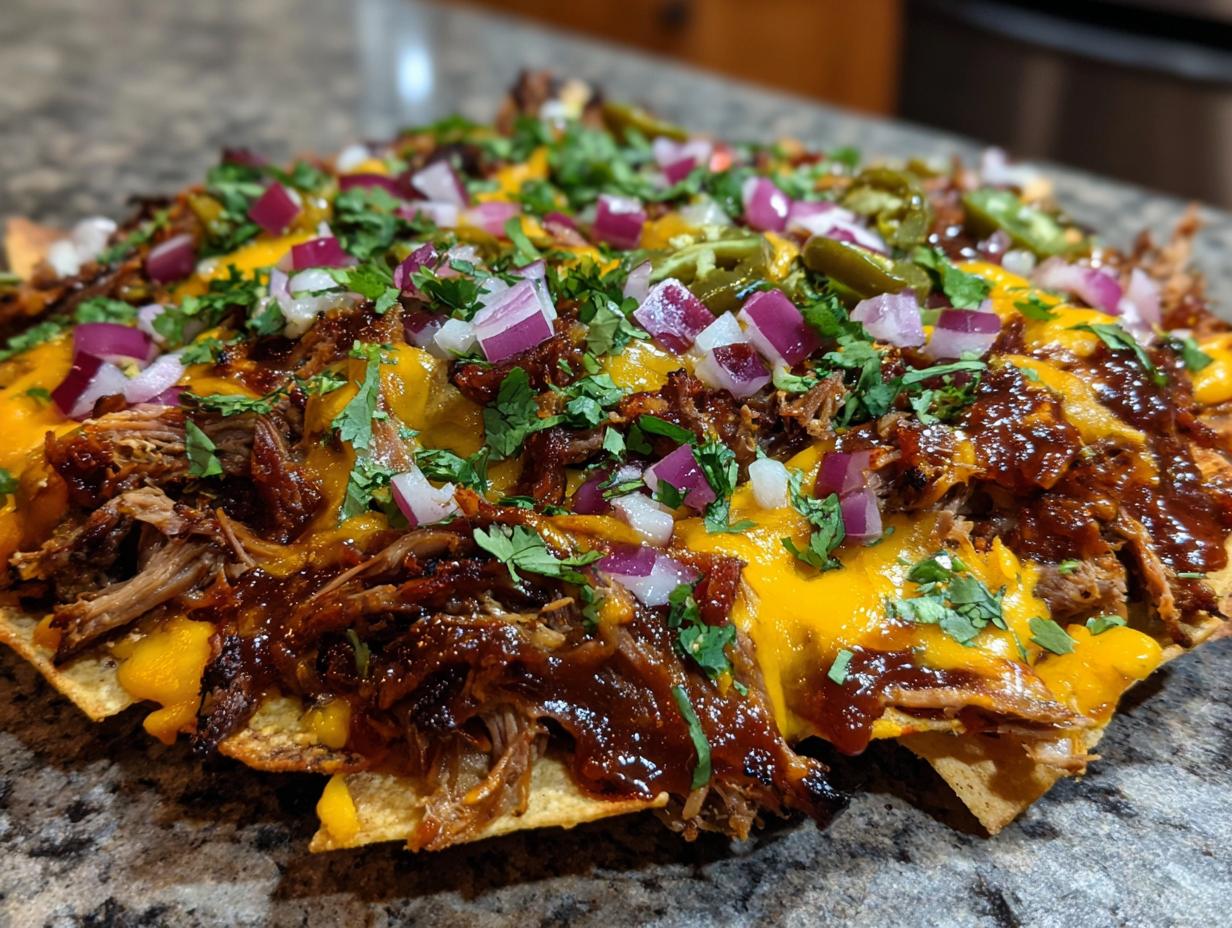 Loaded Apple Cider BBQ Pulled Pork Nachos with cheese, red onion, cilantro, and jalapeños.