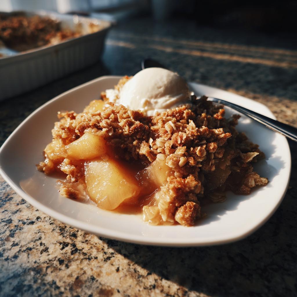 A serving of apple crisp with oat topping on a white plate, topped with a scoop of vanilla ice cream.