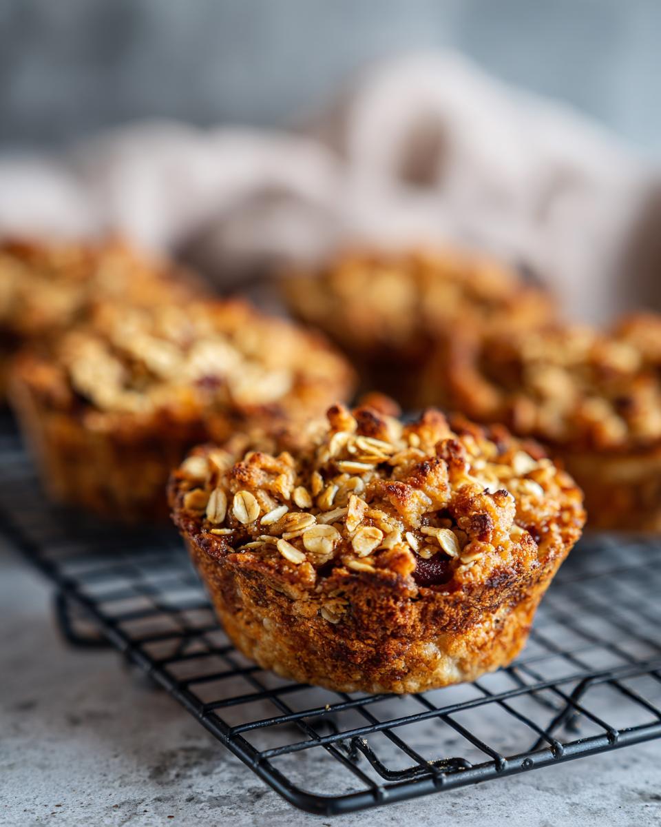 Close-up of individual apple crisp with oat topping muffins on a wire rack, showcasing the golden-brown crust.