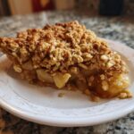 A slice of apple crisp with oat topping on a white plate, showcasing the apple filling and golden-brown crumble.