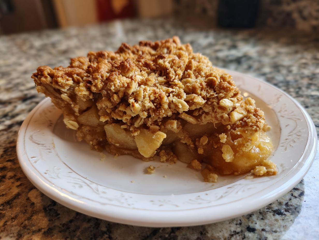 A slice of apple crisp with oat topping on a white plate, showcasing the apple filling and golden-brown crumble.