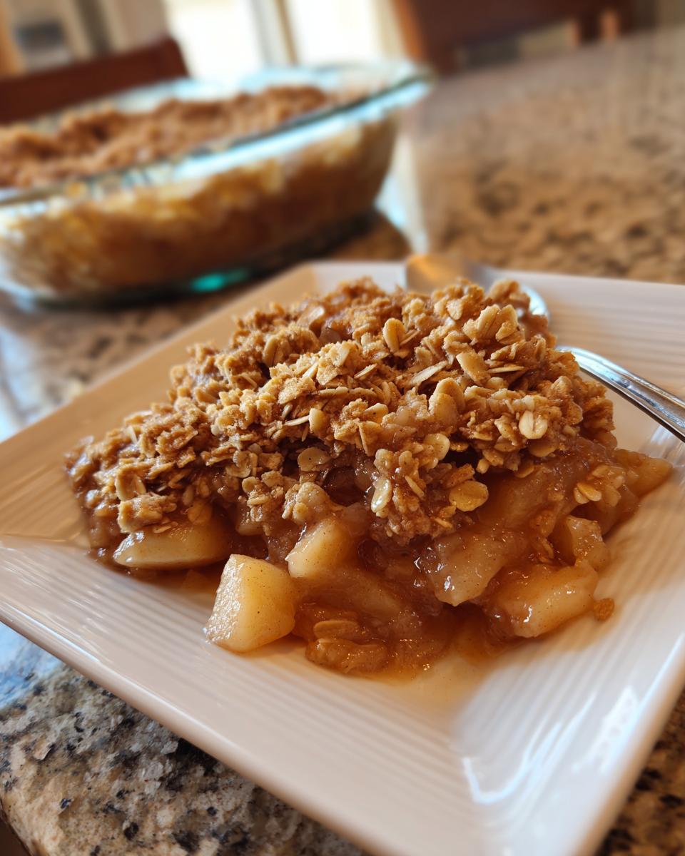 A slice of warm apple crisp with oat topping on a white plate, ready to eat.