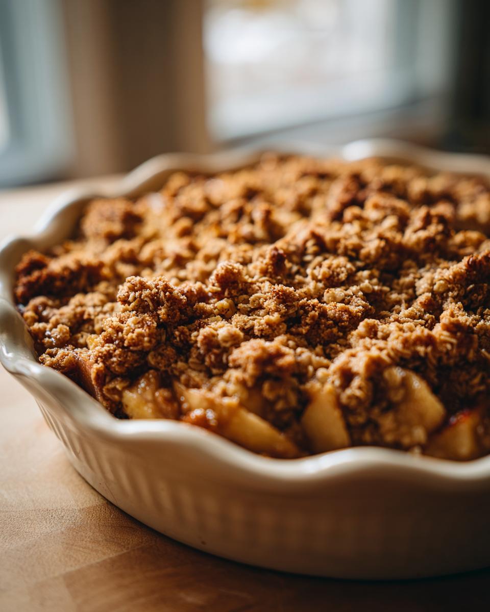 Close-up of a freshly baked apple crisp with oat topping in a decorative pie dish.