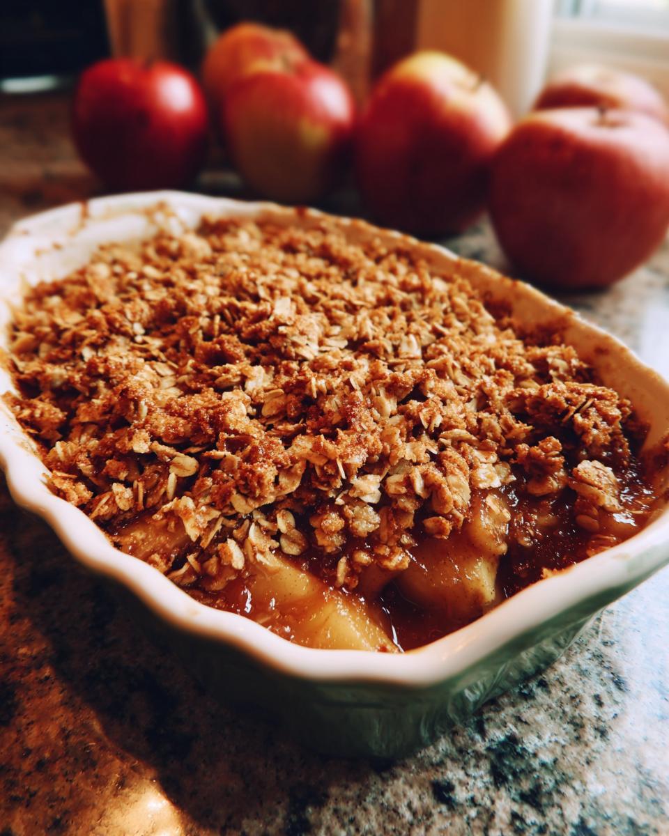 Close-up of homemade apple crisp with oat topping in a baking dish, with apples in the background.