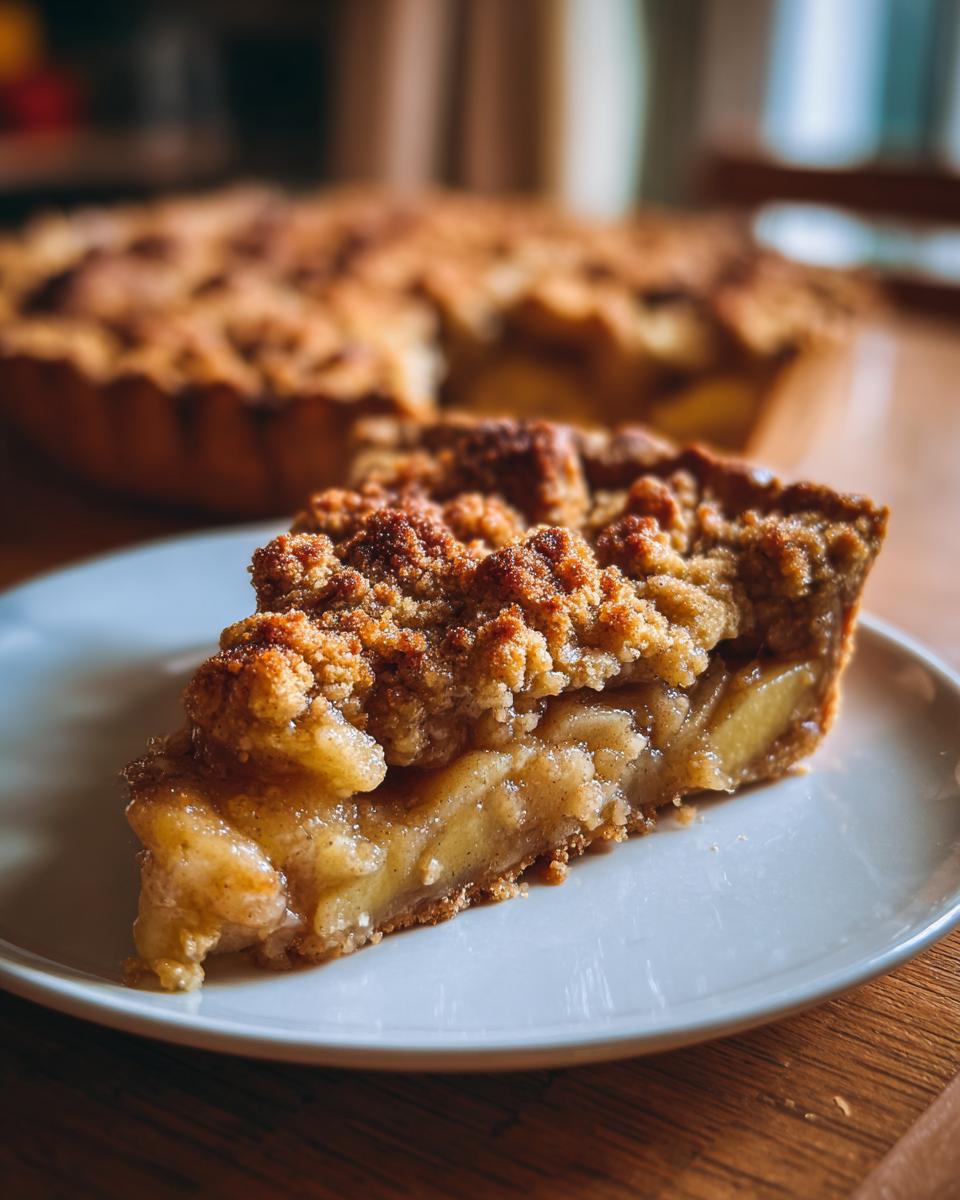 A delicious slice of apple crumble pie, showcasing one of our amazing apple dessert recipes. Golden crust and juicy apple filling.