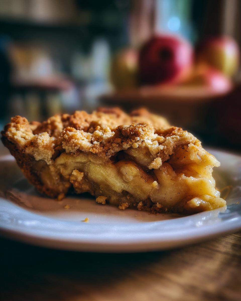 A slice of apple crumble pie, showcasing a delicious apple filling and crumbly topping. Part of apple dessert recipes.