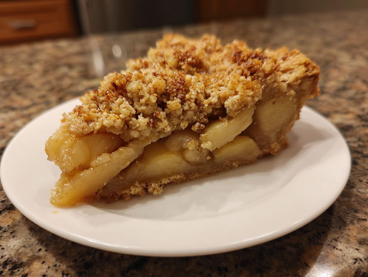 A slice of apple crumble pie on a white plate, showcasing one of our delicious apple dessert recipes.