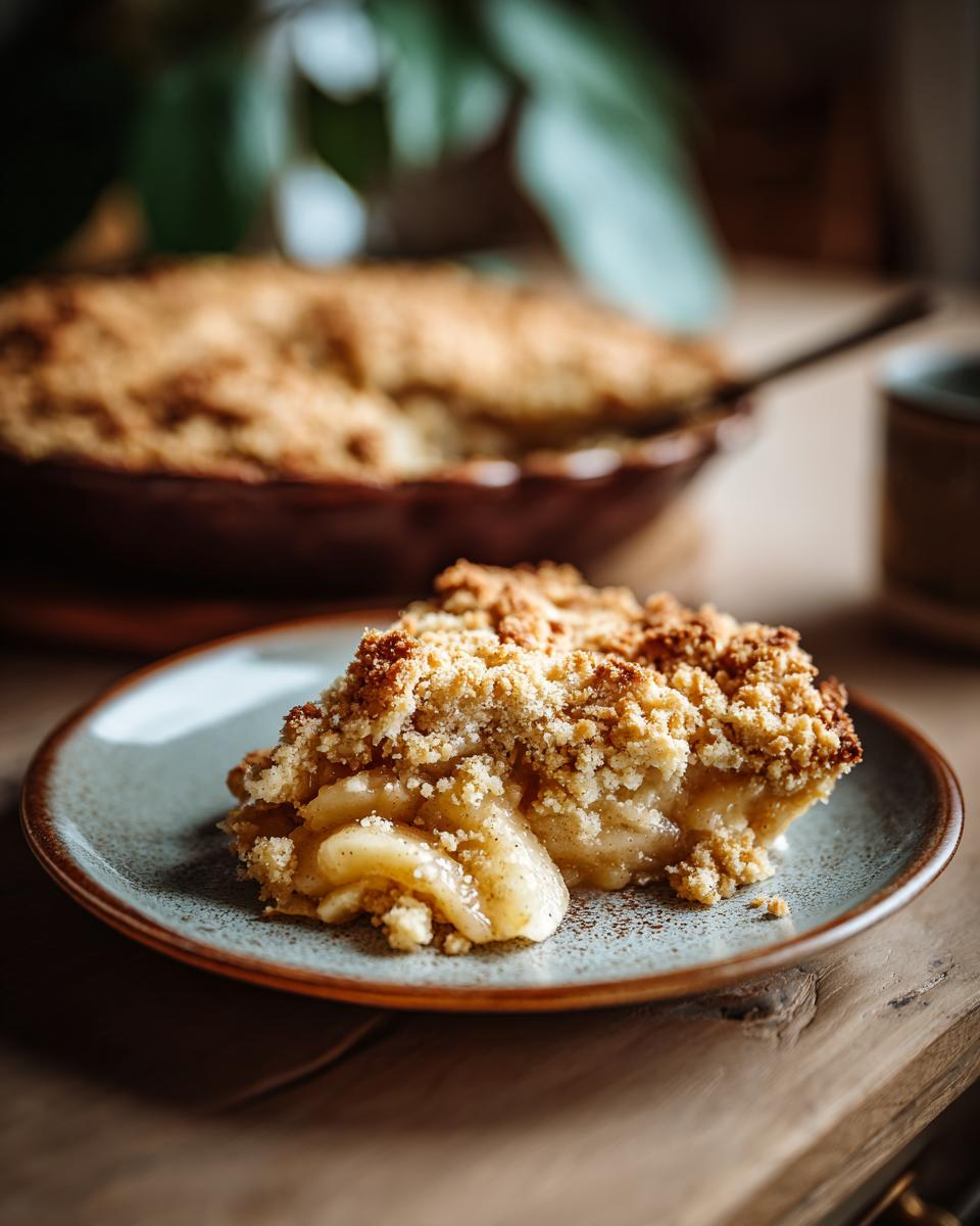 A slice of warm apple crumble on a plate. Perfect for apple dessert recipes.