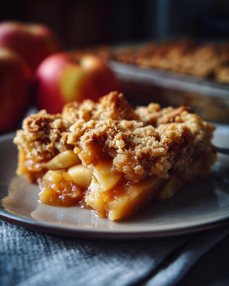 A slice of apple crumble, a delicious apple dessert recipe, sits on a plate with apples in the background.