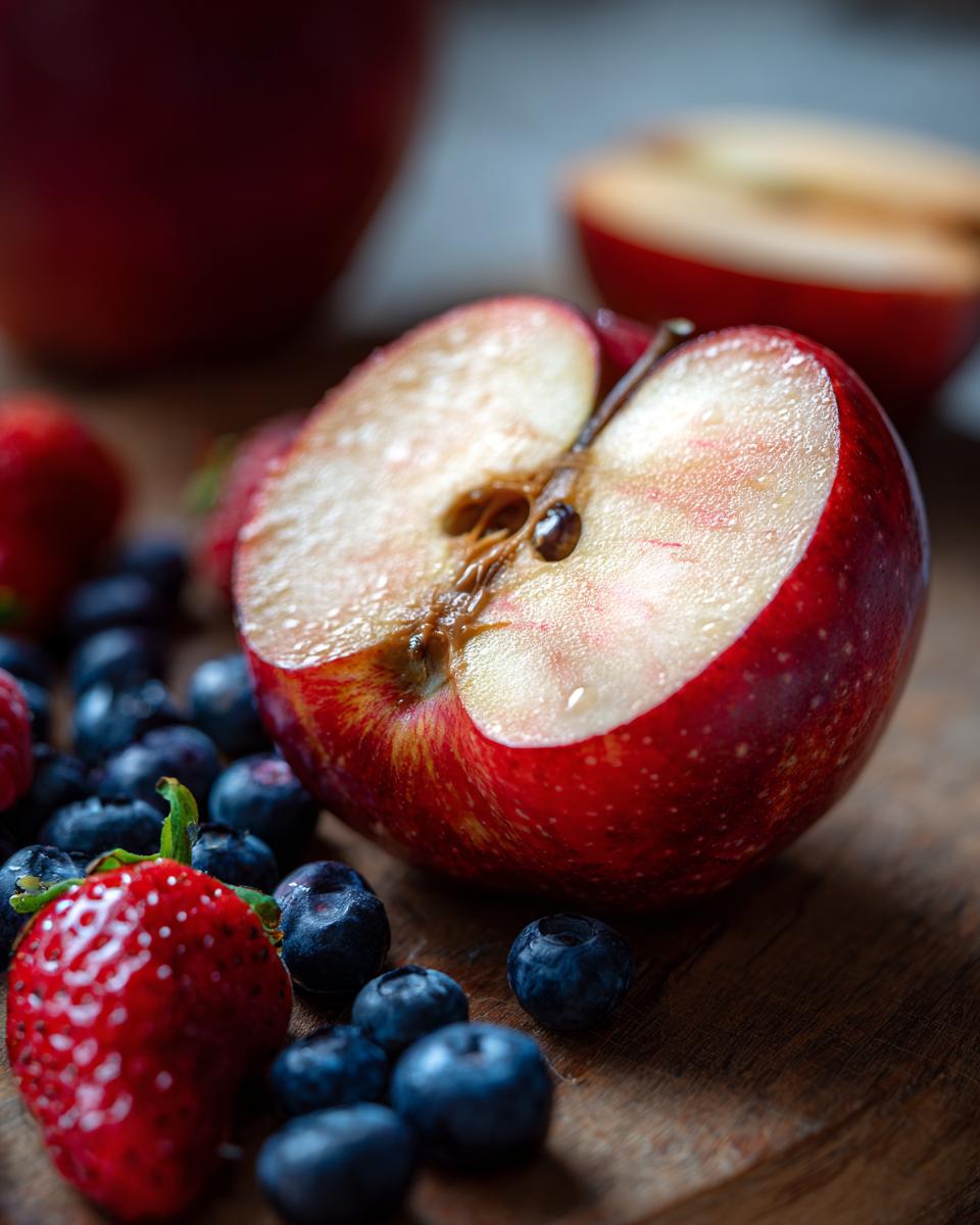 Fresh cut apple with strawberries and blueberries, a colorful and delicious example of healthy snack ideas.