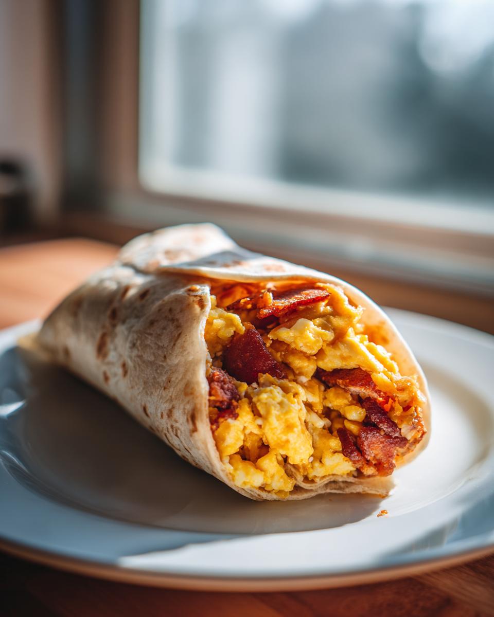 A delicious bacon and egg burrito, perfect for Breakfast Recipes for Kids. Scrambled eggs and bacon in a tortilla.