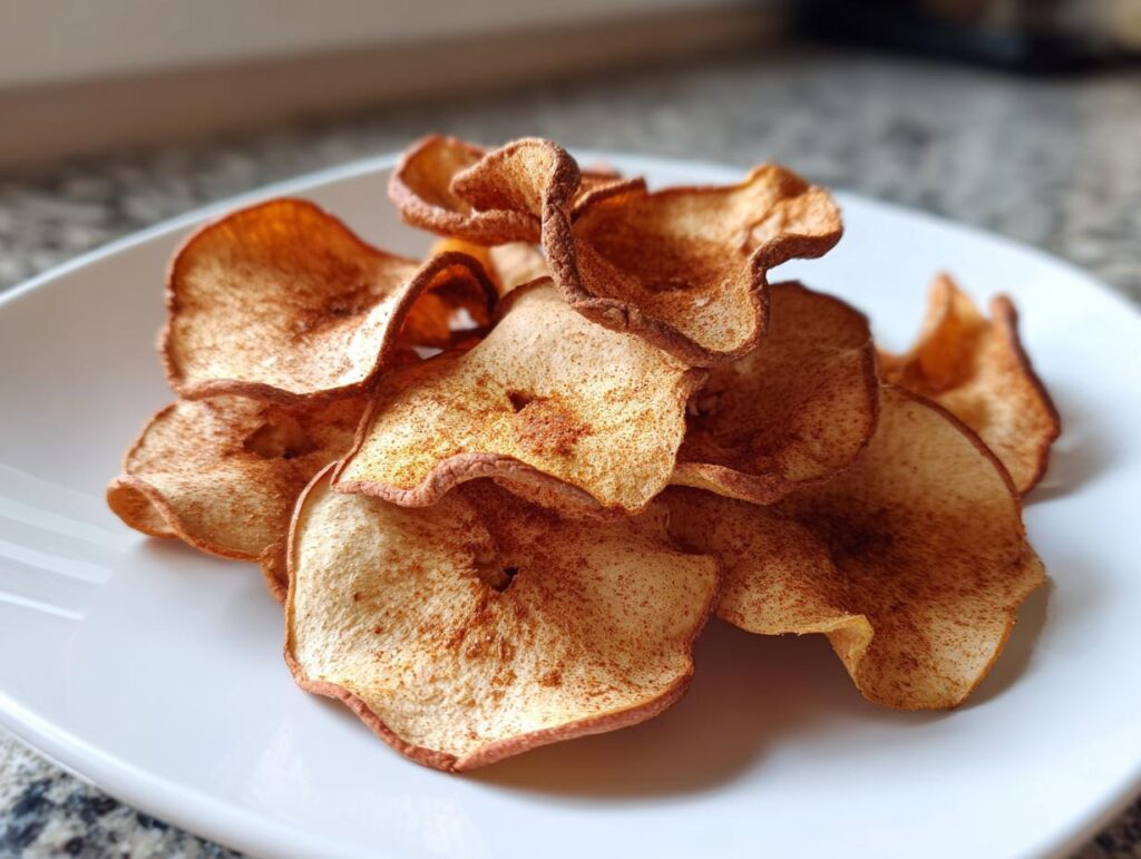 A pile of crispy baked cinnamon apple chips on a white plate, ready to eat.