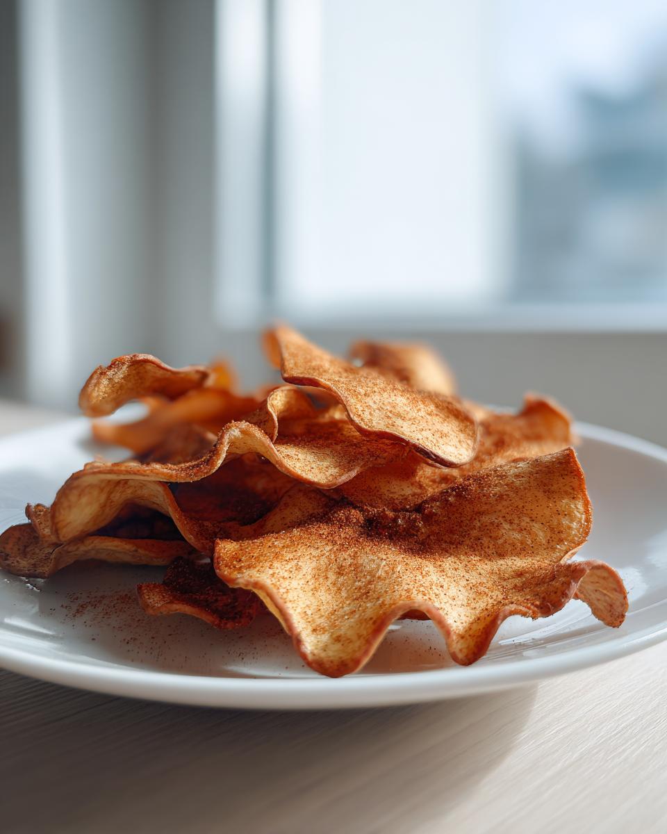 A plate of homemade baked cinnamon apple chips, showcasing their crispy texture and cinnamon coating.