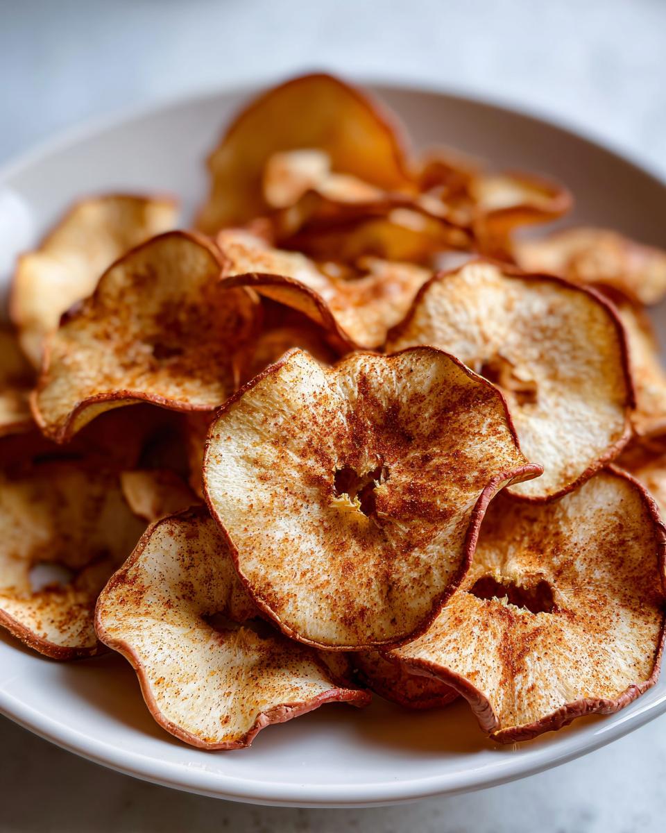 Close-up of a plate of crispy baked cinnamon apple chips, showing the cinnamon dusting.