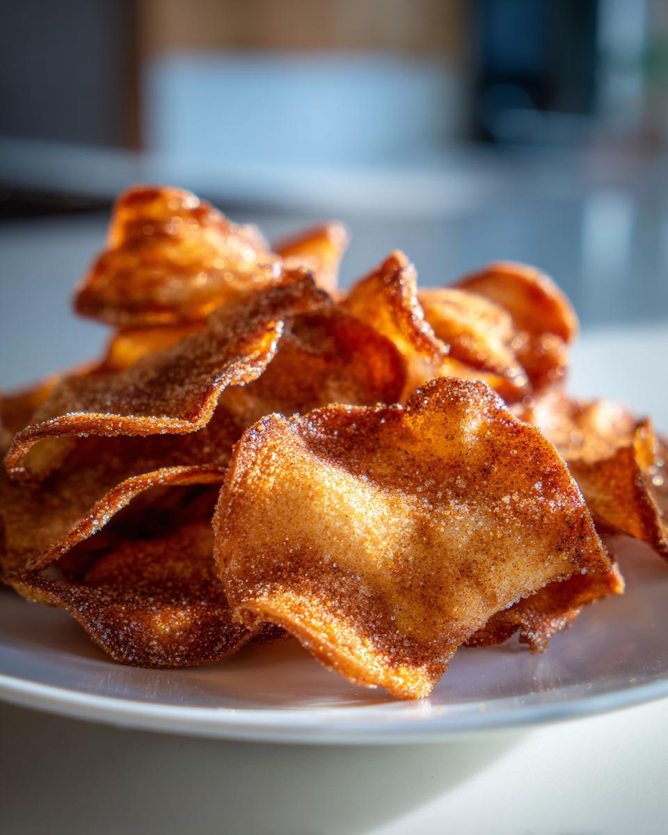 A close-up of a pile of crispy baked cinnamon apple chips on a white plate, showcasing their golden-brown color and cinnamon coating.
