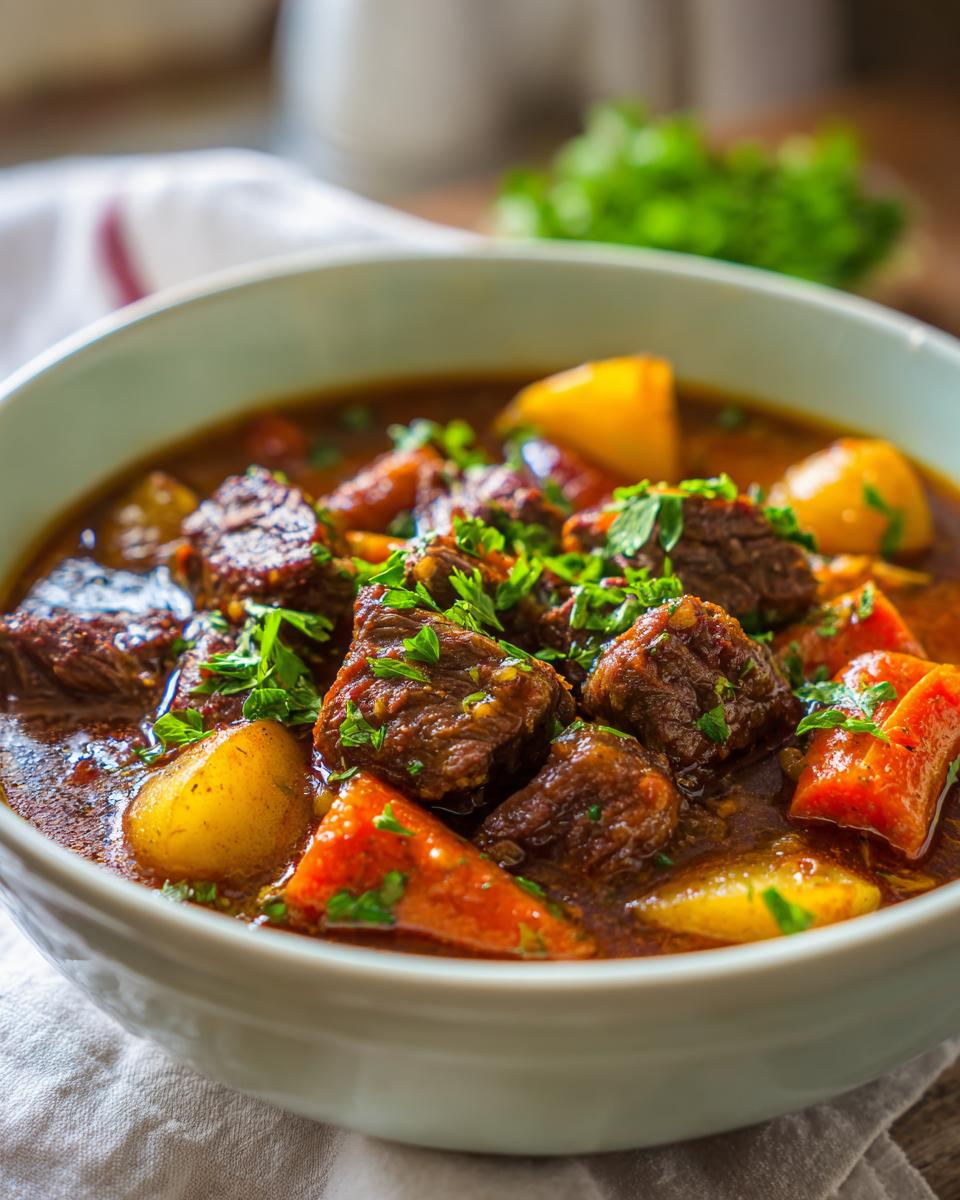 Close-up of a bowl of beef stew, a perfect example of cozy fall crockpot recipes, with beef, carrots, potatoes, and parsley.