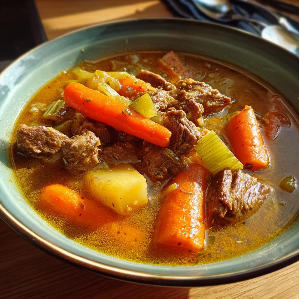 A bowl of hearty beef stew, a perfect dish for cozy winter dinners, with carrots, potatoes, and celery.