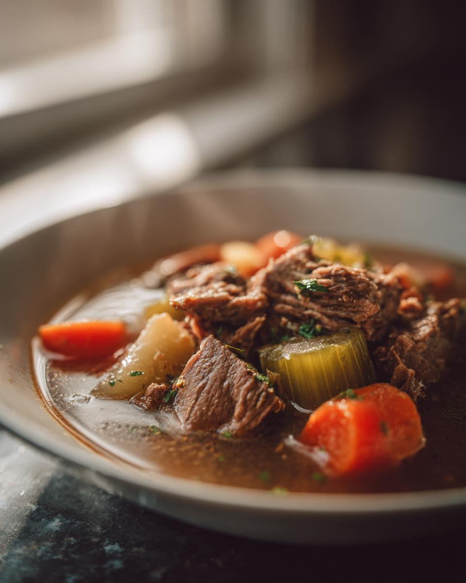 Close-up of a bowl of beef stew, a perfect choice for cozy winter dinners, with carrots, celery, and potatoes.