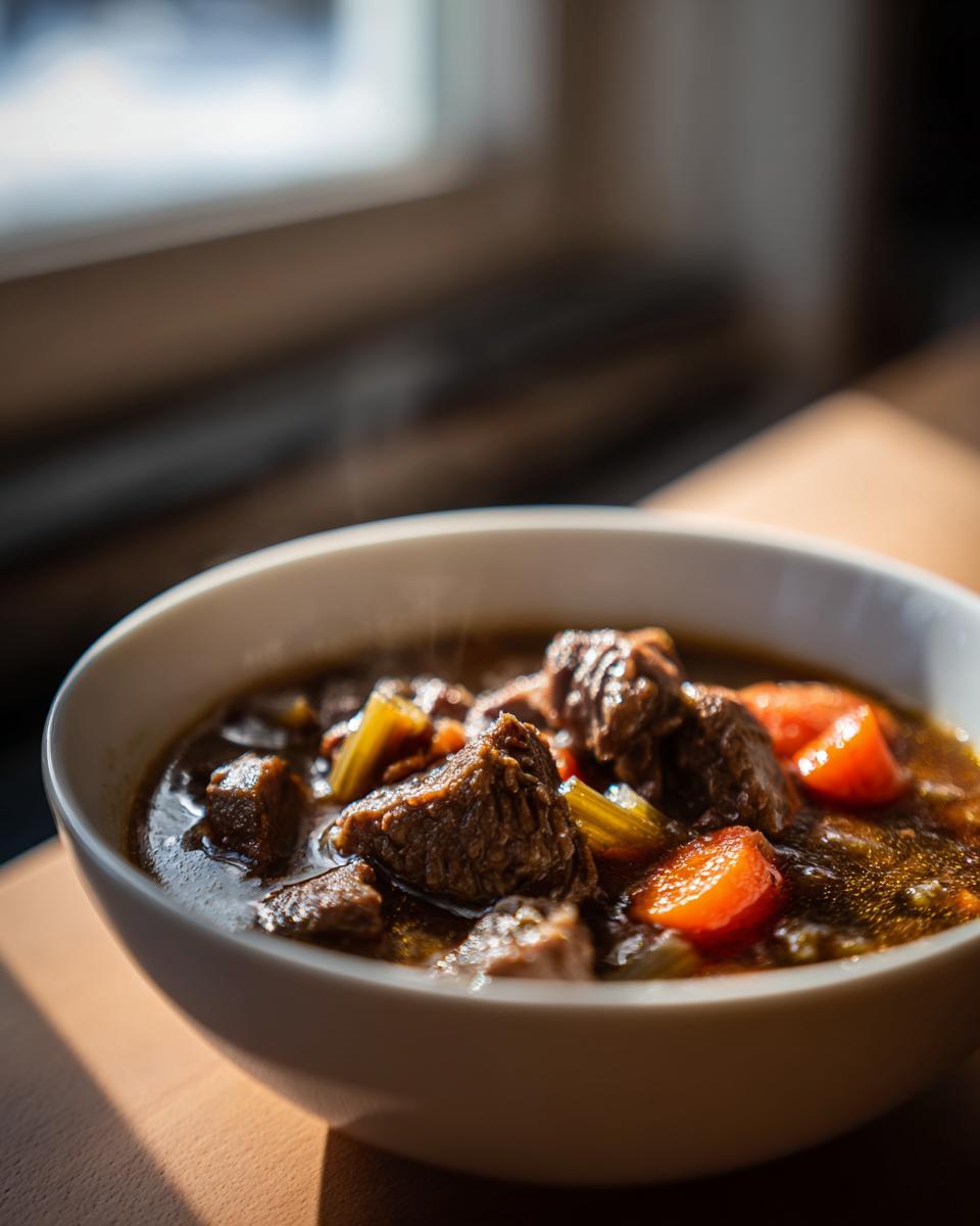 Close-up of a steaming bowl of beef stew, a perfect choice for cozy winter dinners. Includes beef, carrots, and celery.