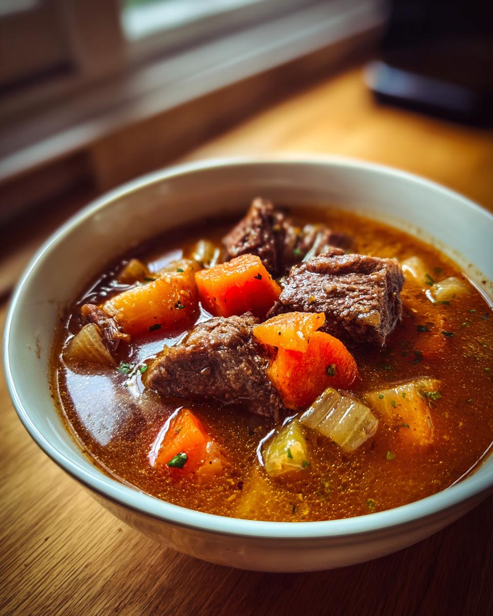 Bowl of hearty beef stew with carrots and potatoes, perfect for cozy winter dinners.