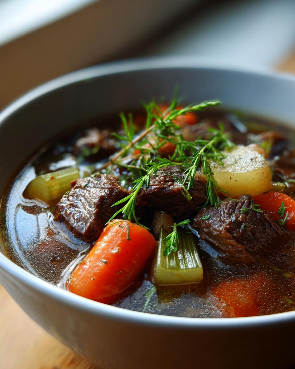 Close-up of a bowl of beef stew, a perfect choice for cozy winter dinners, with carrots, celery, and rosemary garnish.