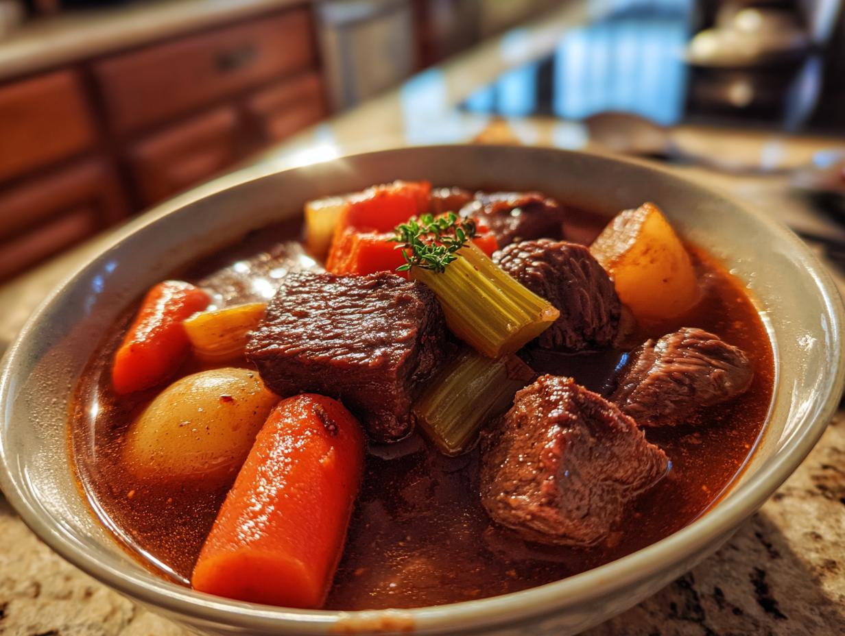 A bowl of hearty beef stew, filled with tender beef, carrots, potatoes, and celery. Perfect for cozy winter dinners.