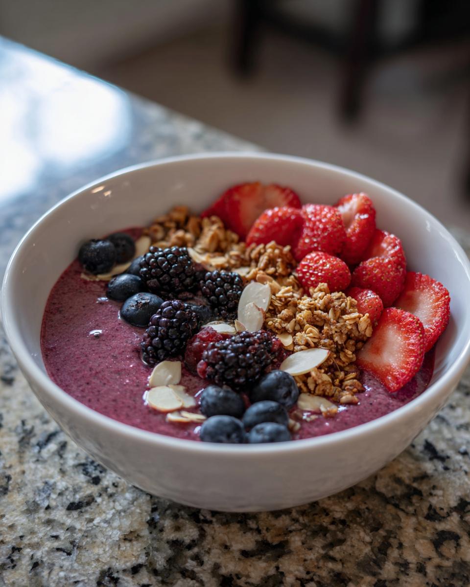 A vibrant smoothie bowl with mixed berries, granola, and almond slices. One of many delicious smoothie bowl ideas.