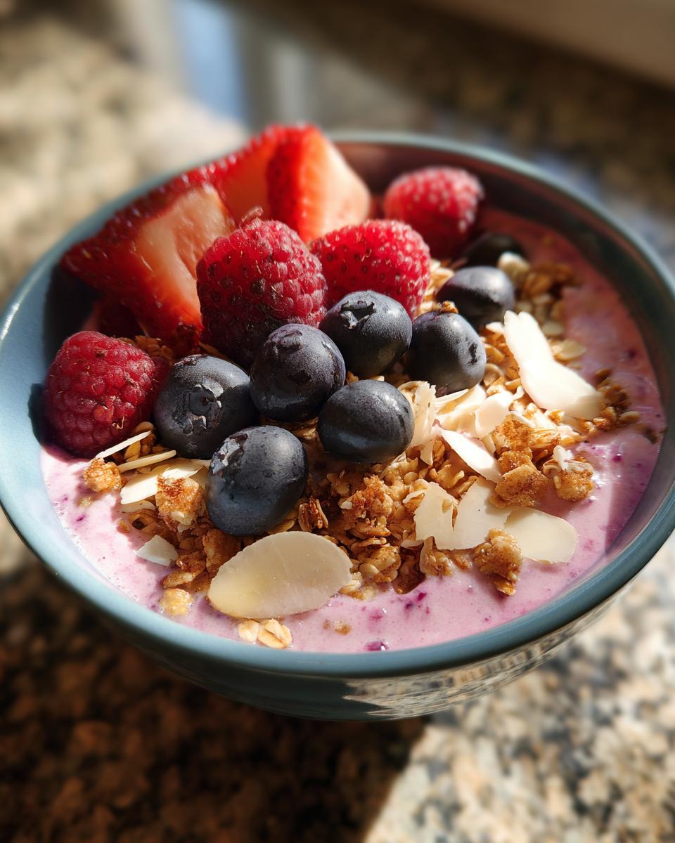 A vibrant smoothie bowl ideas with fresh berries, granola, and almond slices in a blue bowl.