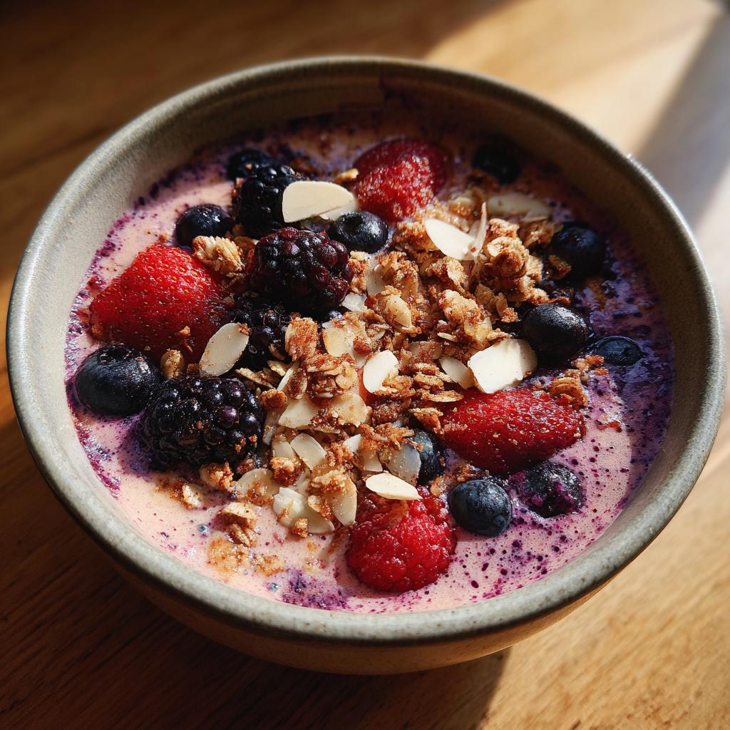 A delicious berry smoothie bowl with granola, almonds, blueberries, blackberries, and raspberries. One of many smoothie bowl ideas.