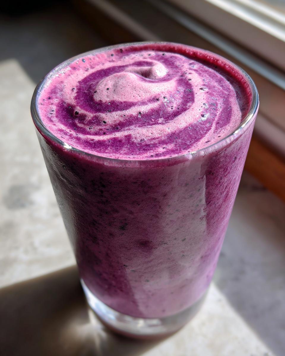 A glass filled with a vibrant purple berry protein smoothie, showcasing its creamy texture and fresh ingredients.