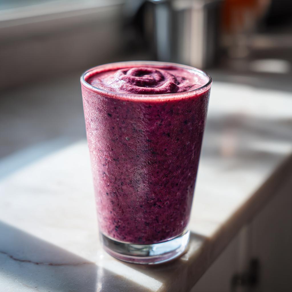 A vibrant berry protein smoothie in a glass, showcasing its thick, creamy texture and rich color.