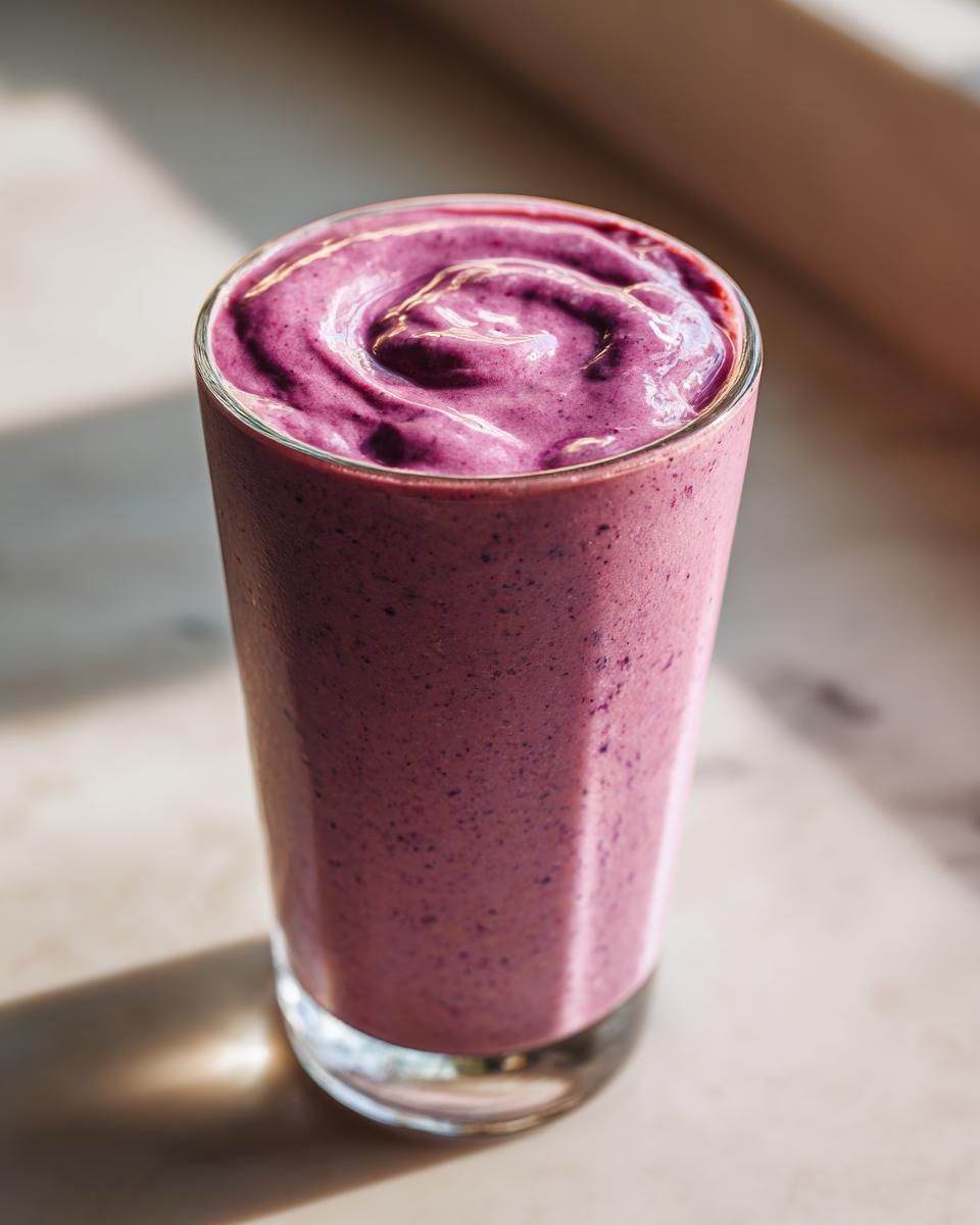 A vibrant berry protein smoothie in a glass, showcasing its creamy texture and rich color.