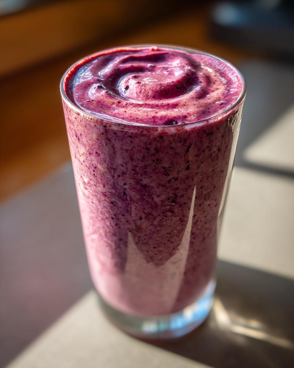 Tall glass filled with a vibrant berry protein smoothie. Perfect for protein smoothie recipes.