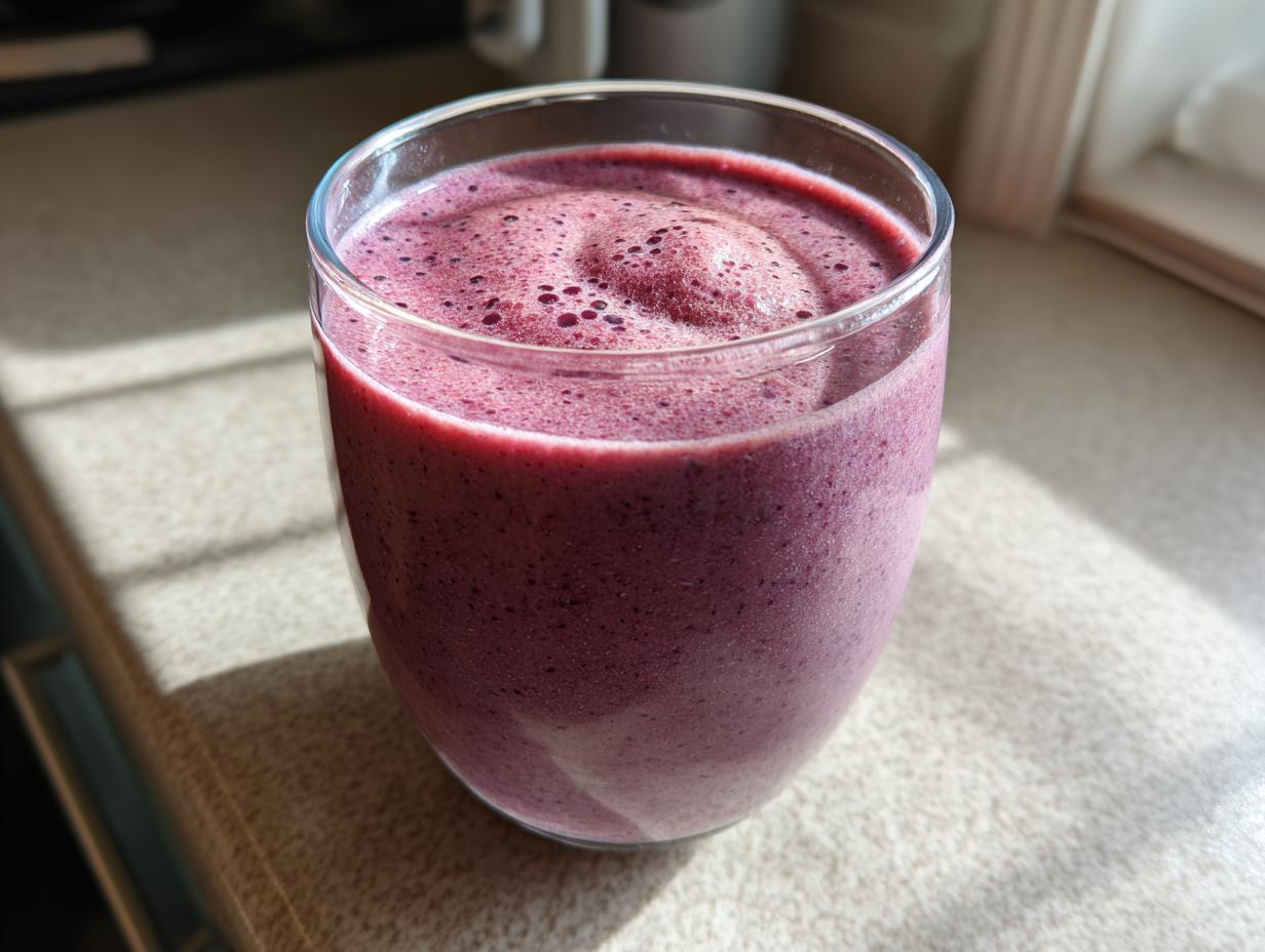 A glass filled with a vibrant berry protein smoothie, showcasing its rich color and frothy texture.