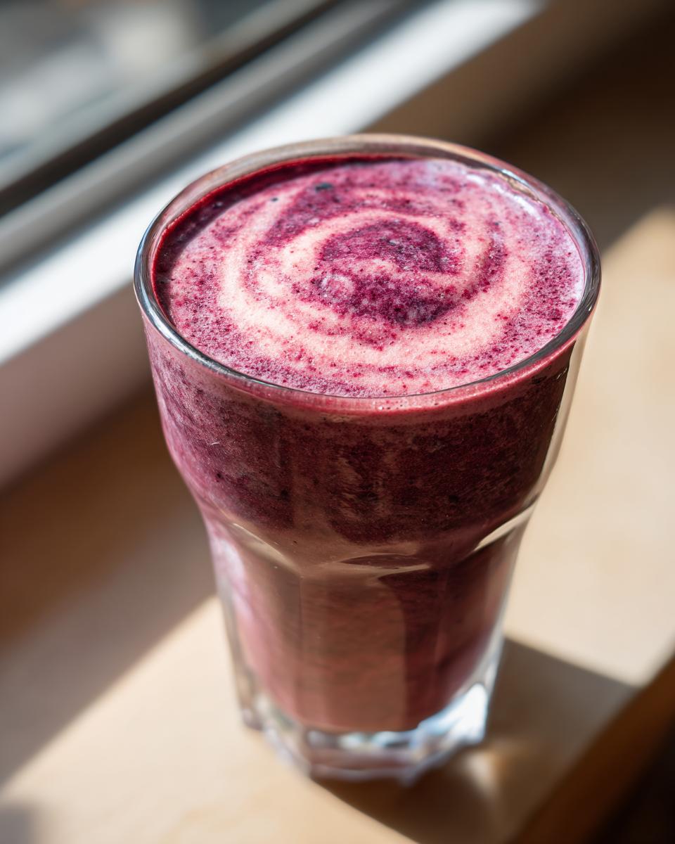 A glass filled with a vibrant berry protein smoothie, showcasing a creamy swirl on top.