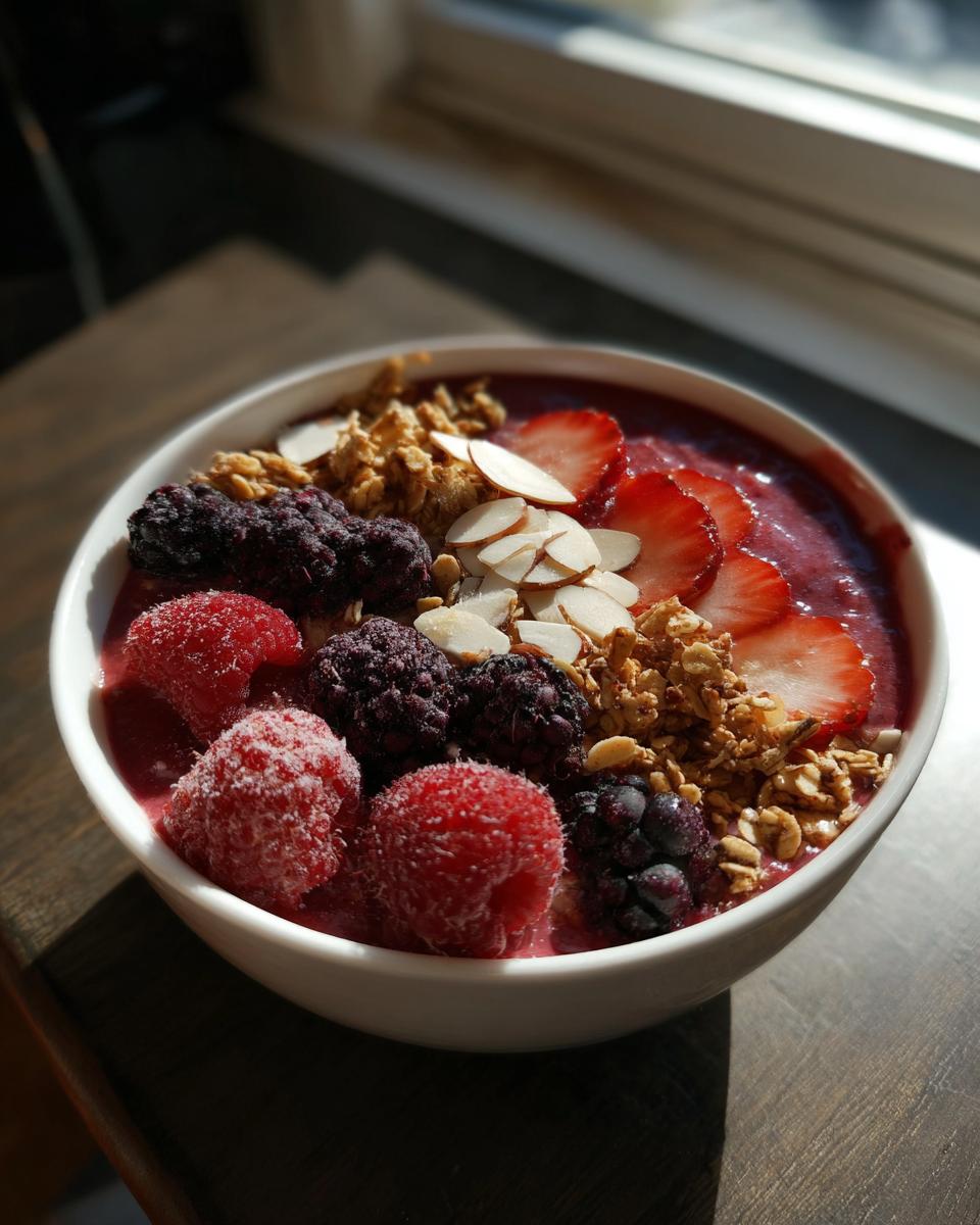 A delicious smoothie bowl featuring mixed berries, granola, and almond slices. One of many great smoothie bowl ideas.