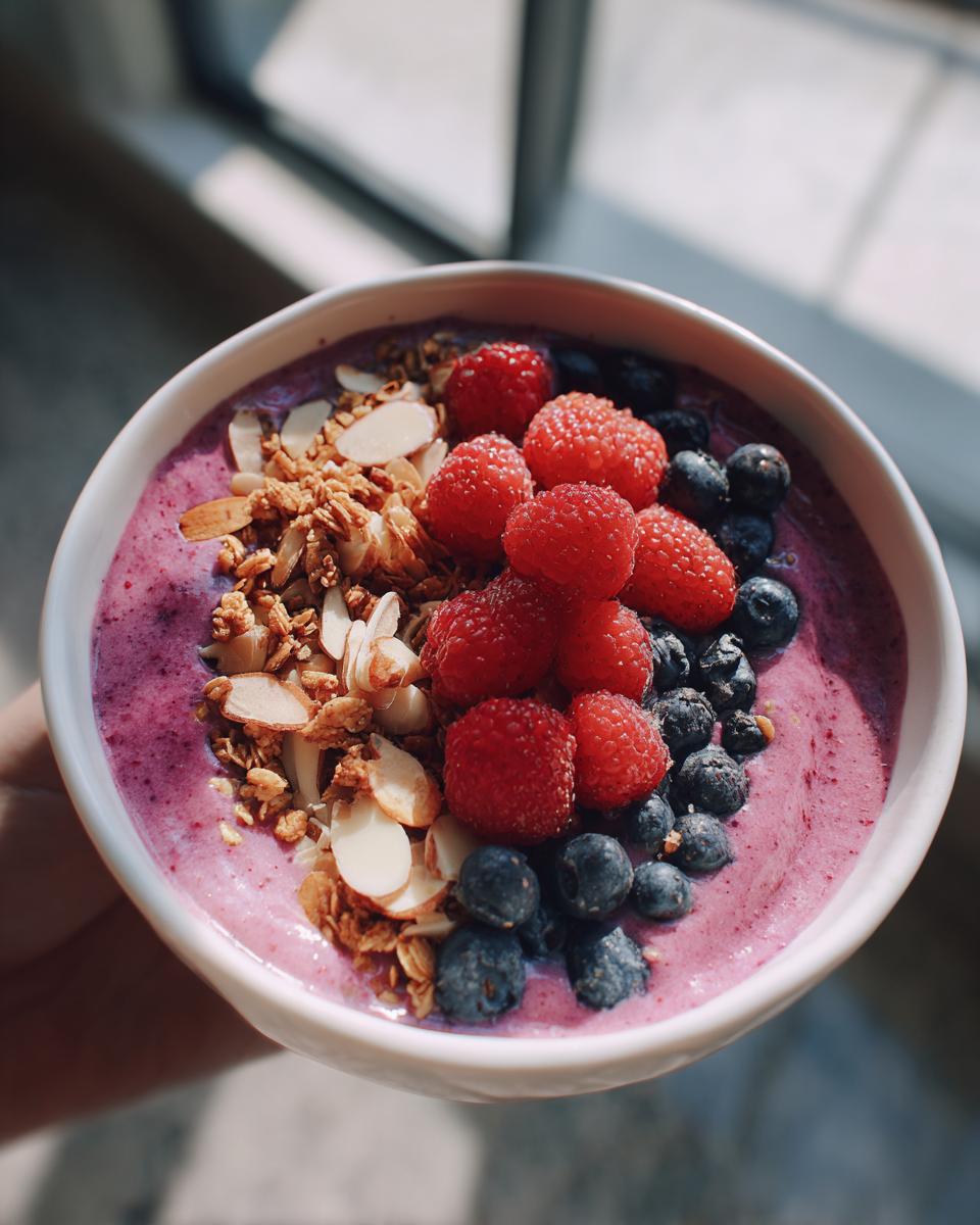 A vibrant smoothie bowl with raspberries, blueberries, granola, and almond slices. One of many great smoothie bowl ideas.