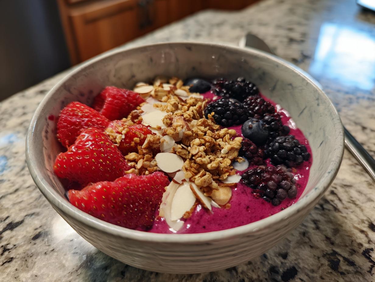 A vibrant smoothie bowl with strawberries, blackberries, blueberries, granola, and almond slices. Smoothie bowl ideas.