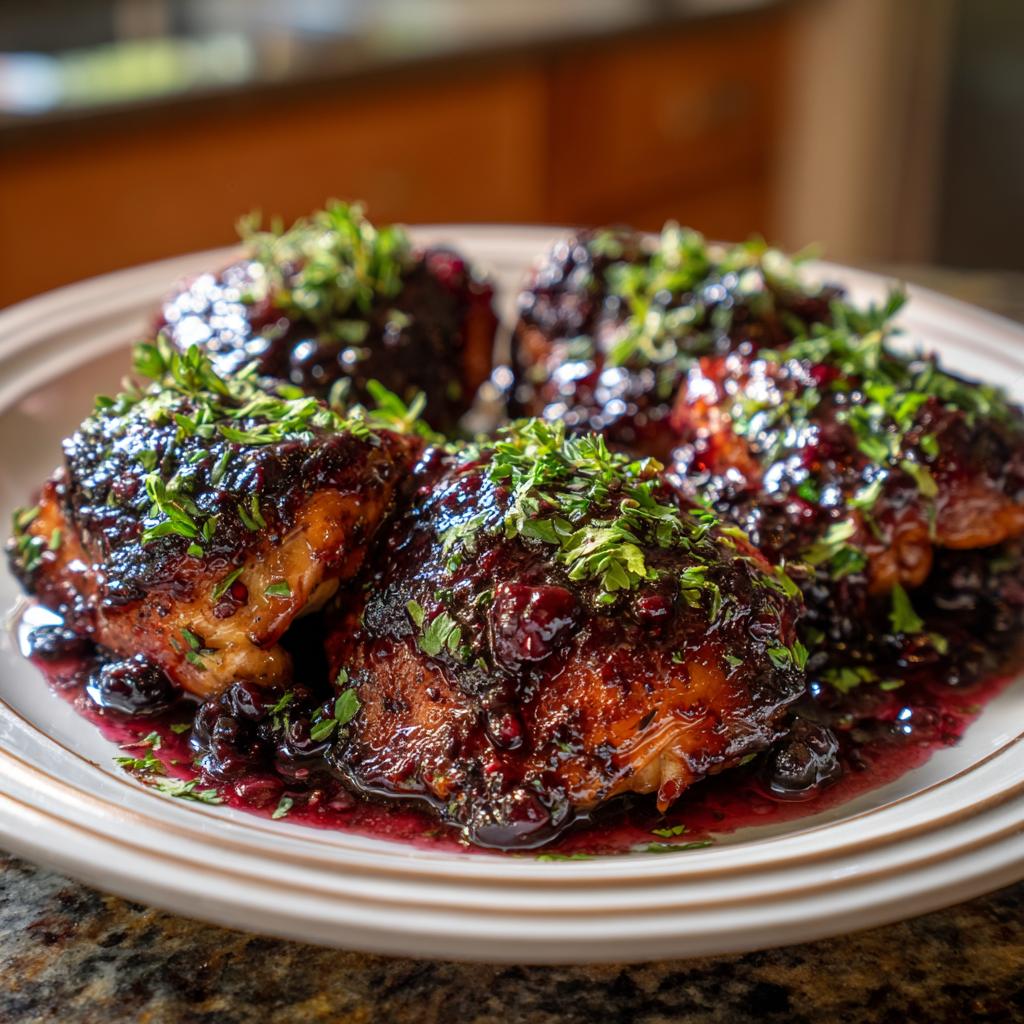 Plated Blackberry Sage Balsamic Chicken Thighs topped with fresh herbs and blackberry balsamic sauce.