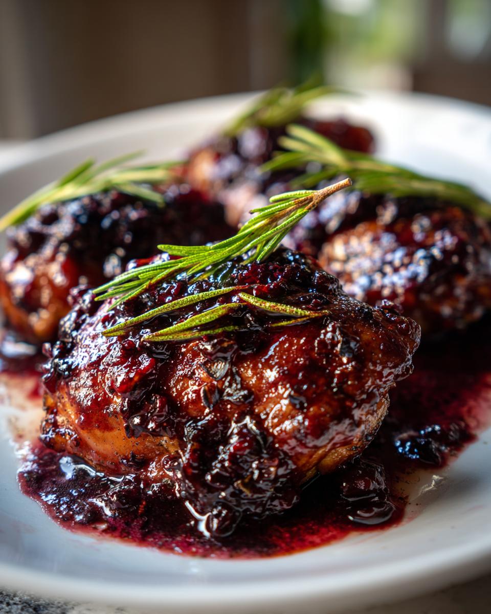 Plated Blackberry Sage Balsamic Chicken Thighs garnished with fresh sage sprigs.