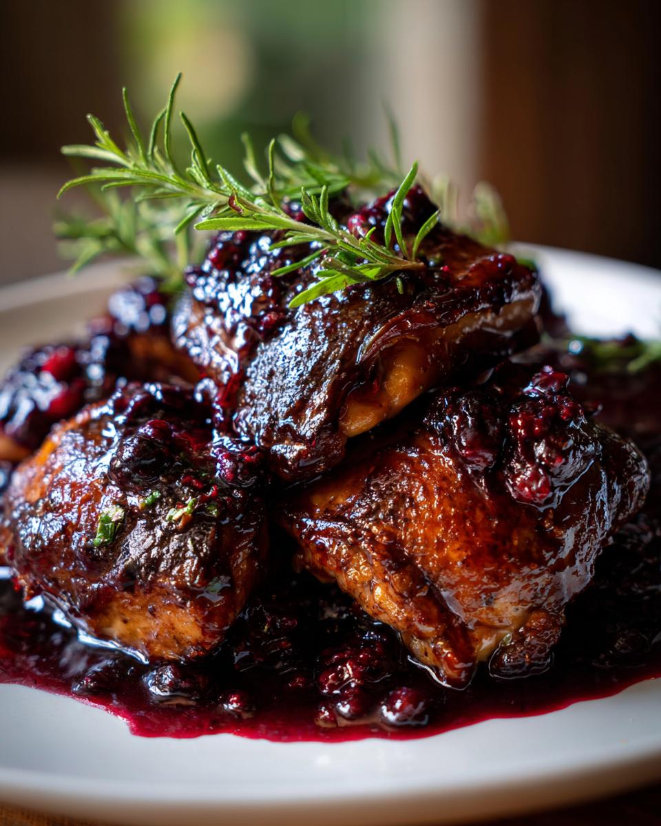 Plated Blackberry Sage Balsamic Chicken Thighs with fresh rosemary garnish, showcasing the rich sauce.