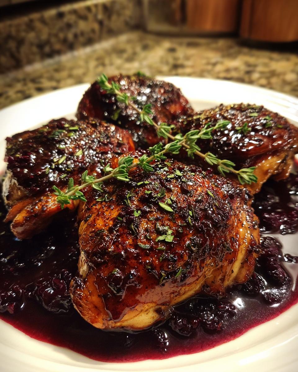 Four Blackberry Sage Balsamic Chicken Thighs plated with blackberry sauce and fresh sage.