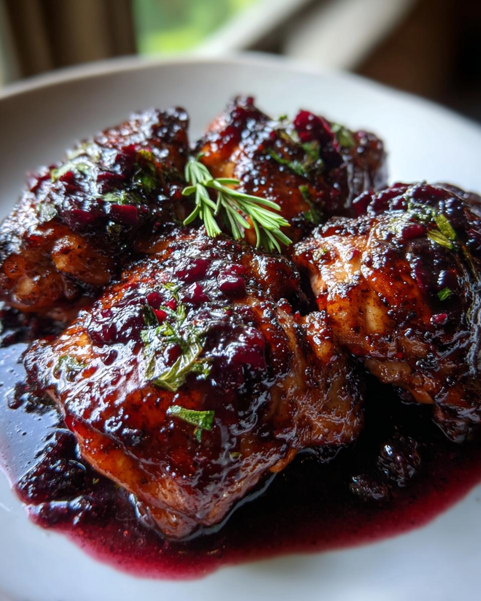 Four Blackberry Sage Balsamic Chicken Thighs on a white plate, garnished with herbs and blackberry sauce.