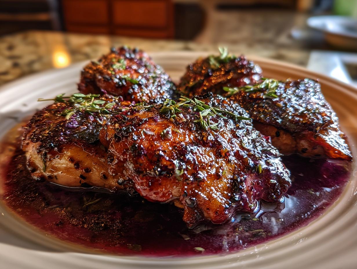 Plated Blackberry Sage Balsamic Chicken Thighs with a rich sauce and fresh sage garnish.