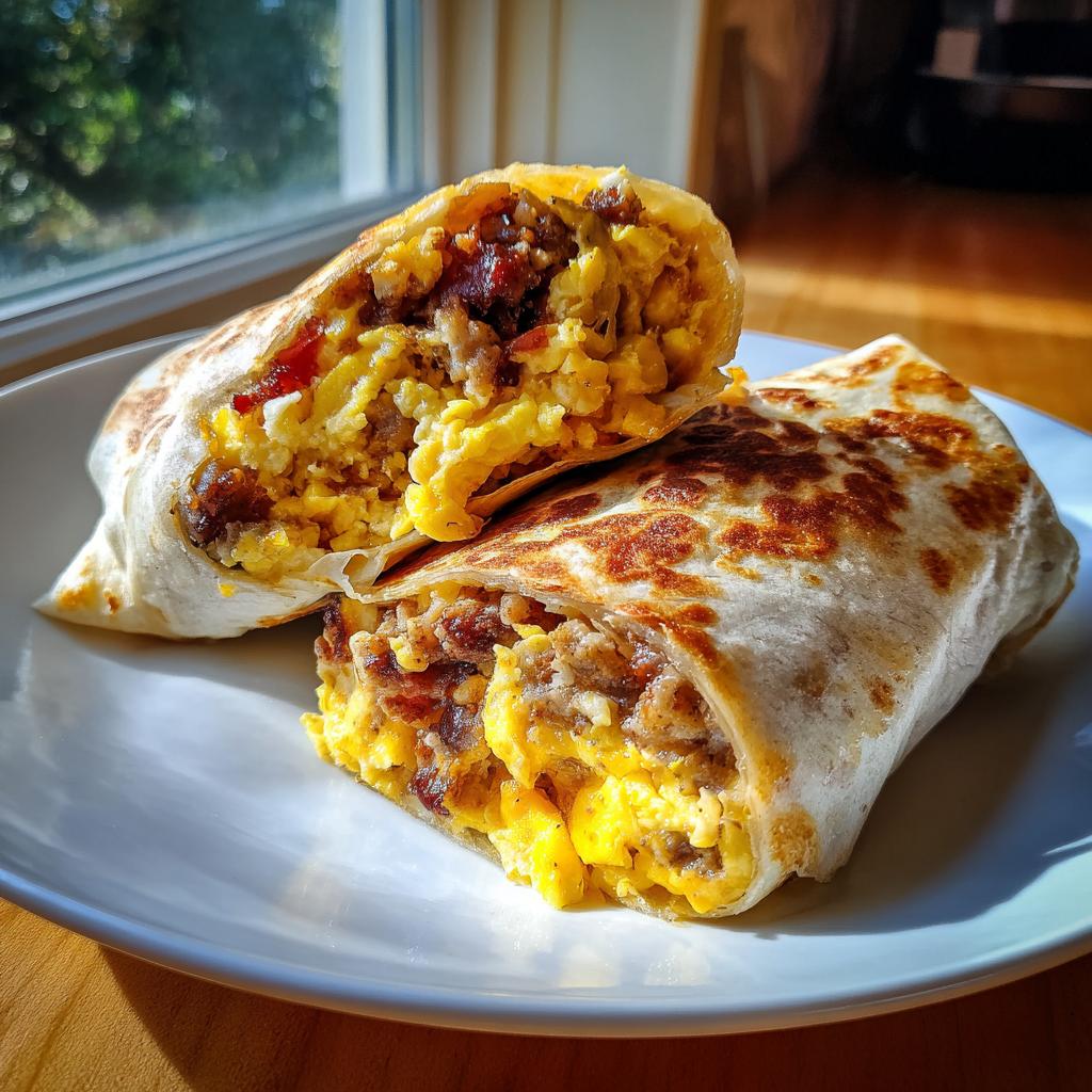 A breakfast burrito cut in half, showcasing scrambled eggs, sausage, and bacon. Great Breakfast Recipes for Kids.