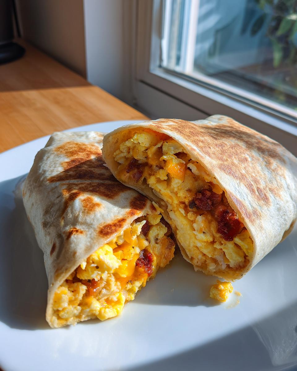 Two halves of a breakfast burrito filled with scrambled eggs and bacon. Great Breakfast Recipes for Kids.