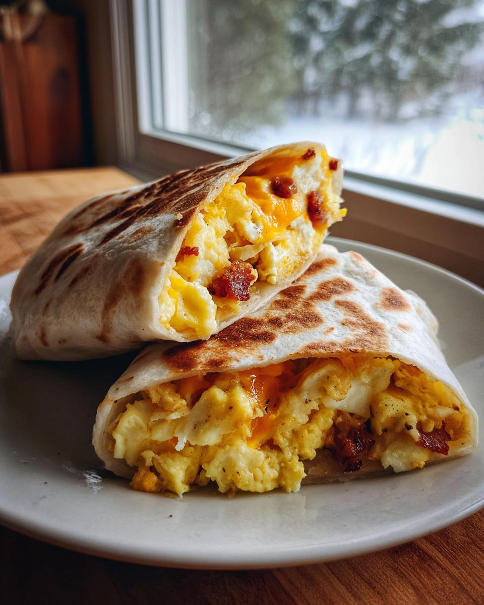 Two halves of a breakfast burrito filled with scrambled eggs, cheese, and bacon. Great Breakfast Recipes for Kids.