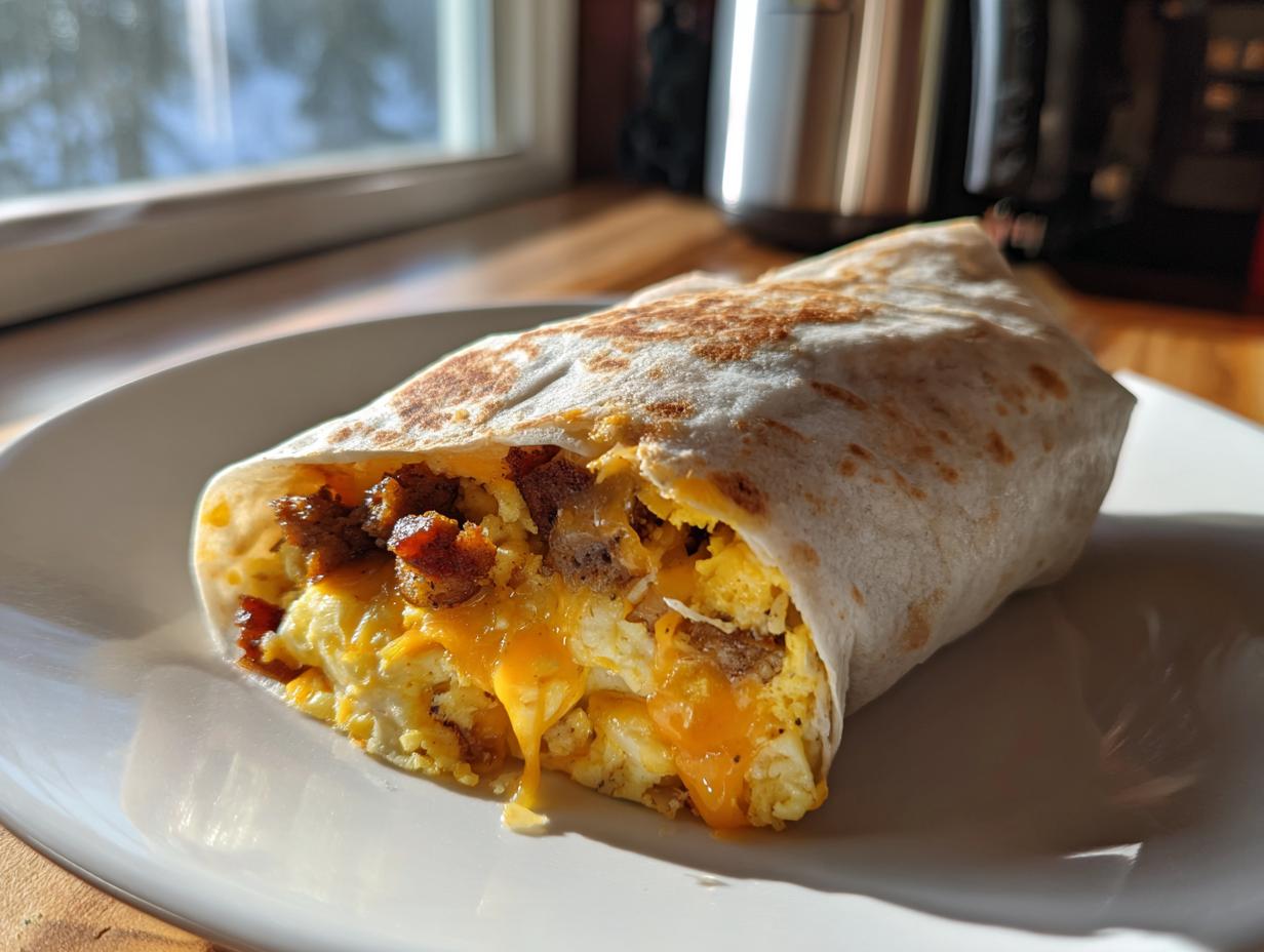 Delicious breakfast burrito filled with eggs, cheese, and sausage, perfect for Breakfast Recipes for Kids.