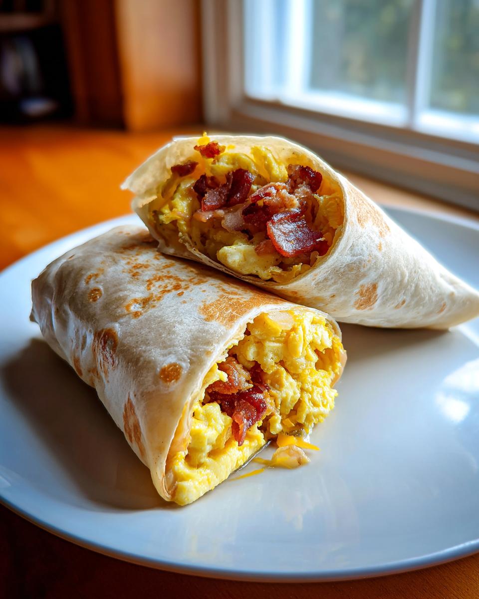 Two breakfast burritos filled with scrambled eggs and bacon, perfect for Breakfast Recipes for Kids.
