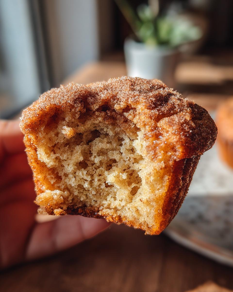 Close-up of a bitten Brown Butter Apple Cider Donut Muffin, showing the crumb and cinnamon sugar coating.